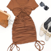 Hnewly Drawstring Cut Out Bodycon Dress Sexy Short Sleeve Ruched For Summer Women’s Clothing